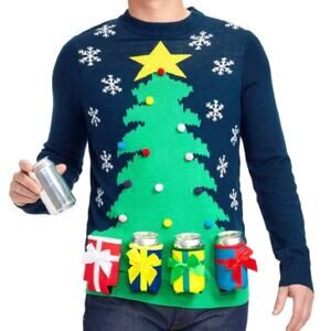 Tipsy Elves Blue and Green Christmas Sweater with Can Holders Mens XL Festive